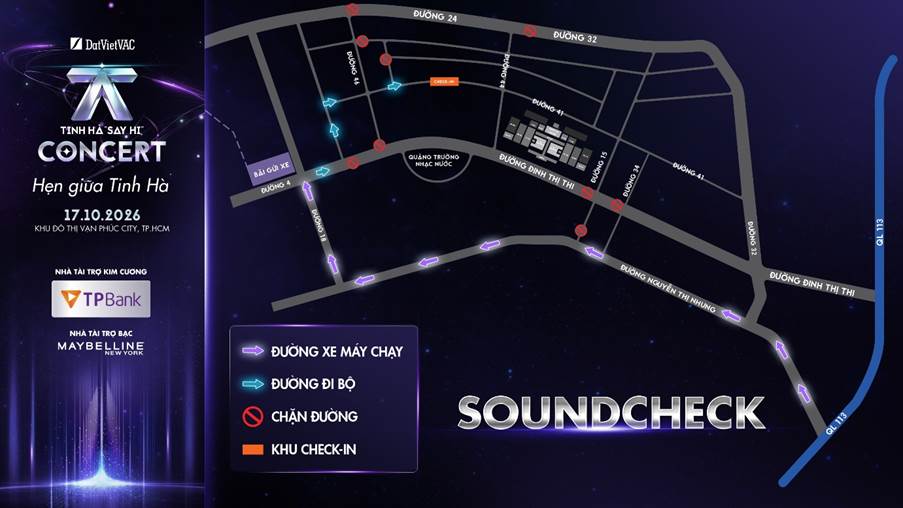 主辦方 Soundcheck 路線圖：紫色為電單車路線、藍色為步行路線、紅色為封路、橙色為 CAT 1 check-in。圖上 17.10.2026 是首晚演唱會宣傳日期；你的 Soundcheck 以電郵所寫 16/10 為準。